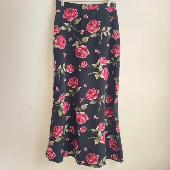 Vintage Maxi / Midi Skirt Size 7 Y2k Black Floral Roses - Picture 1 of 4